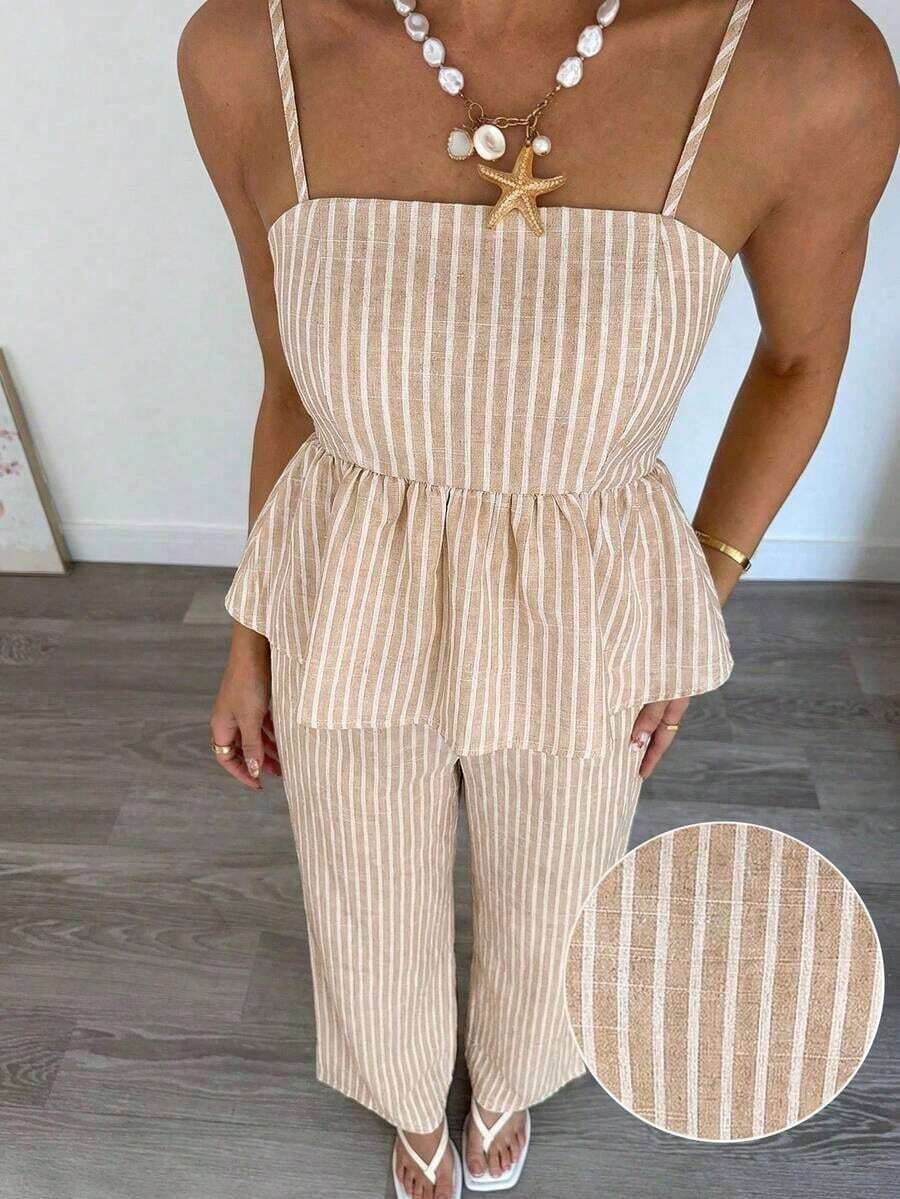 Conjunto de 2 piezas de top de tirantes y pantalones de estilo jacquard elegante para mujer, para verano - Azul - Ver 1