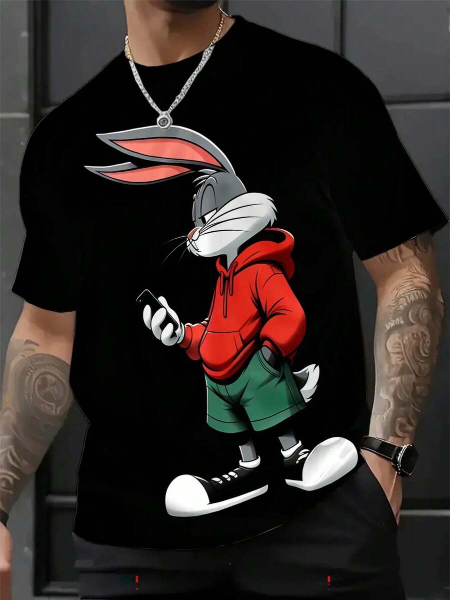 Camiseta gráfica de para hombres WB - y , verano casual, manga corta, negro con estampado de dibujos animados rojo y verde, ajuste regular, cuello redondo, para ropa casual y actividades al aire libre, camiseta Billie Eli - Negro - Ver 1