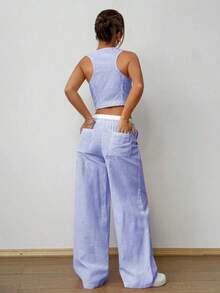 2 piezas Conjunto de pantalones con bolsillos de color contrastante y blusa sin mangas con cuello en V y botones delanteros a rayas para mujer - Multicolor - Ver 2