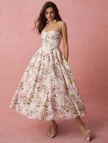 Vestido largo de tirantes finos con estampado floral, romántico para mujeres para vacaciones de primavera/verano, dulce y elegante para el Día de San Valentín, cumpleaños, fiestas, citas, baile de graduación, boda y fiestas de jardín - Blanco - Ver 5