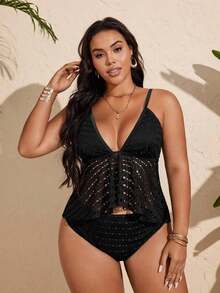 Swim Lushoire Conjunto de tankini de traje de baño de unicolor con diseño calado para mujer de talla grande - Negro - Ver 3