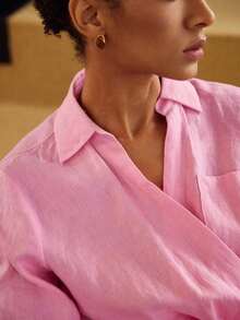 PREMIUM Blusa Envolvente Con Cinturón De Lino Puro Y Color Sólido - Rosa Fucsia - Ver 8