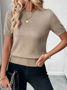 Blusa de punto de manga corta de unicolor y estilo minimalista, para uso diario - Marrón Mocha 2 - Ver 4