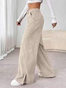 Unity Pantalones largos rectos y sueltos con abertura lateral de pana de moda casual para otoño/invierno para mujeres - Albaricoque 2 - Ver 7