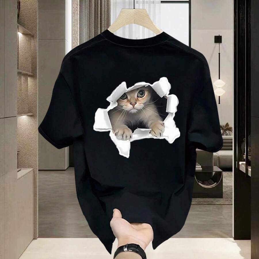 [10% de Descuento]Tienda Outlet: Camiseta de Manga Corta Estilo Americano, Corte Holgado, Cuello Redondo - Negro - Ver 1
