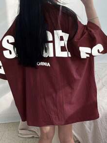 Camiseta holgada de manga larga con cuello redondo y estampado de letras para mujer, de estilo casual y suelto para el verano - Rojo violeta - Ver 3