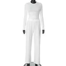 Exclusive Basic Set: Long Sleeve Crew Neck Sweatshirt, Wide Leg Pants, Solid Color, Casual Style - 白色-長袖套裝 - 查看 5