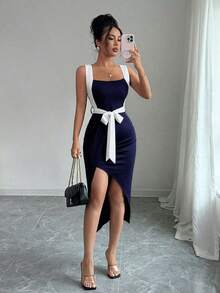 Vestido minimalista asimétrico y ajustado con lazo para mujer, primavera/verano - Azul marino - Ver 4
