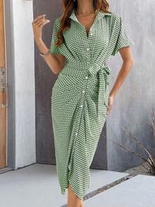 Vestido camisero largo estampado para mujer - Verde - Ver 3