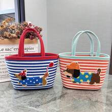 1 chiếc túi xách tay bằng dây cotton ngoài trời sọc đỏ xanh dương, sọc xanh dương cam, túi đeo vai dệt kim dung tích lớn dùng trong gia đình, giỏ quà tặng - Xem 2