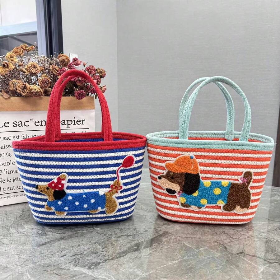 1 chiếc túi xách tay bằng dây cotton ngoài trời sọc đỏ xanh dương, sọc xanh dương cam, túi đeo vai dệt kim dung tích lớn dùng trong gia đình, giỏ quà tặng
