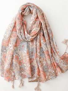 Floral Print Scarf For Women, Suitable As Gift For Girlfriend - Coral Orange - View 13
