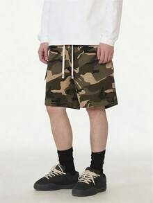 Men's Retro American Classic Camouflage Cargo Shorts, Summer Military Green Button Pockets Drawstring Waist Loose Straight 5-Inch Pants, Streetwear - Khaki - View 5