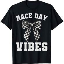 Race Day Vibes Checkered Coquette Bow Car Racing T-Shirt - Black - View 1