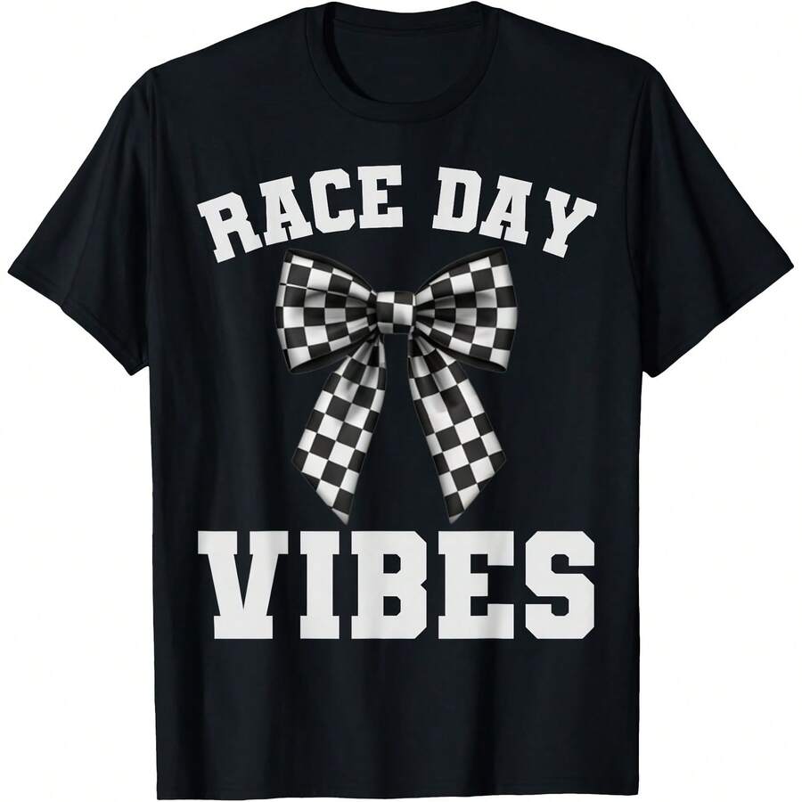 Race Day Vibes Checkered Coquette Bow Car Racing T-Shirt - Black - View 1