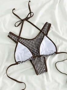 女款性感格紋掛脖比基尼兩件式泳衣套裝，高衩泳褲，時尚舒適泳裝，適合夏季度假、海灘休閒、假期、音樂節、派對、畢業季，女款夏季穿搭 - 彩色 - 查看 5