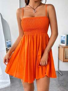 Vestido De Tirantes Con Pliegues Sólidos Para Mujeres - Naranja - Ver 3