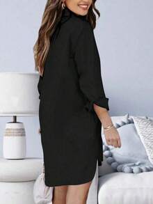 Camisa versátil de mujer de un solo pecho, de unicolor, holgada, con dobladillo alto y bajo, con bolsillo, para uso diario, color negro, primavera - Negro - Ver 2