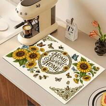 1pc Floral Print Absorbent Mat/Drying Mat For Coffee Maker, Tableware - Polyester Absorbent Desktop Protective Mat With Rubber Anti-Slip Pad, For Kitchen Counter Decor, Home Bar And Dining Table - Multicolor - View 1