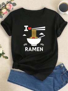 Fashion Printed T-Shirts For Women, Oversized Streetwear Tops, Comfortable And Stylish All-Match Summer Tees. Ramen Chopstick Print T-Shirt, Short Sleeve, Round Neck, Casual Style For Summer And Spring, Women's Clothing. - 黑色 - 查看 1