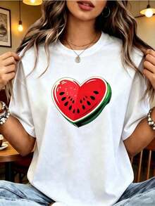 Camisetas estampadas de moda para mujer, tops de estilo urbano de talla grande, camisetas de verano cómodas y elegantes que combinan con todo. |   1 Playera para Mujer  Algodón Transpirable |   Camiseta de Moda de Manga Corta con Estampado de Sandía en Forma de Corazón,  Casual de Cuello Redondo para Mujeres - Ideal para el Verano - Blanco - Ver 6