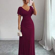 Elenzya Women's Light Purple V-Neck Ruffle Sleeve Pleated Waist Split Dress, Elegant Bridesmaid Dress, Party Gown, Spring/Summer - Azul - Ver 8