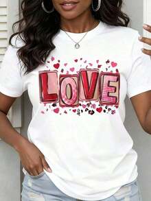 Women's Heart Print T-Shirt, Casual Style For Valentine's Day, With Red Hearts And Pink Design, Comfortable Short Sleeve T-Shirt, Suitable For All Seasons (Sizes S-XXXL) - Cute Gift For Couples, Romantic Clothing, Matching Sets For Couples - 白色 - 查看 9