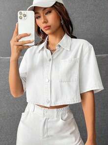 Camisa mezclilla con parche con bolsillo de hombros caídos - Blanco - Ver 1