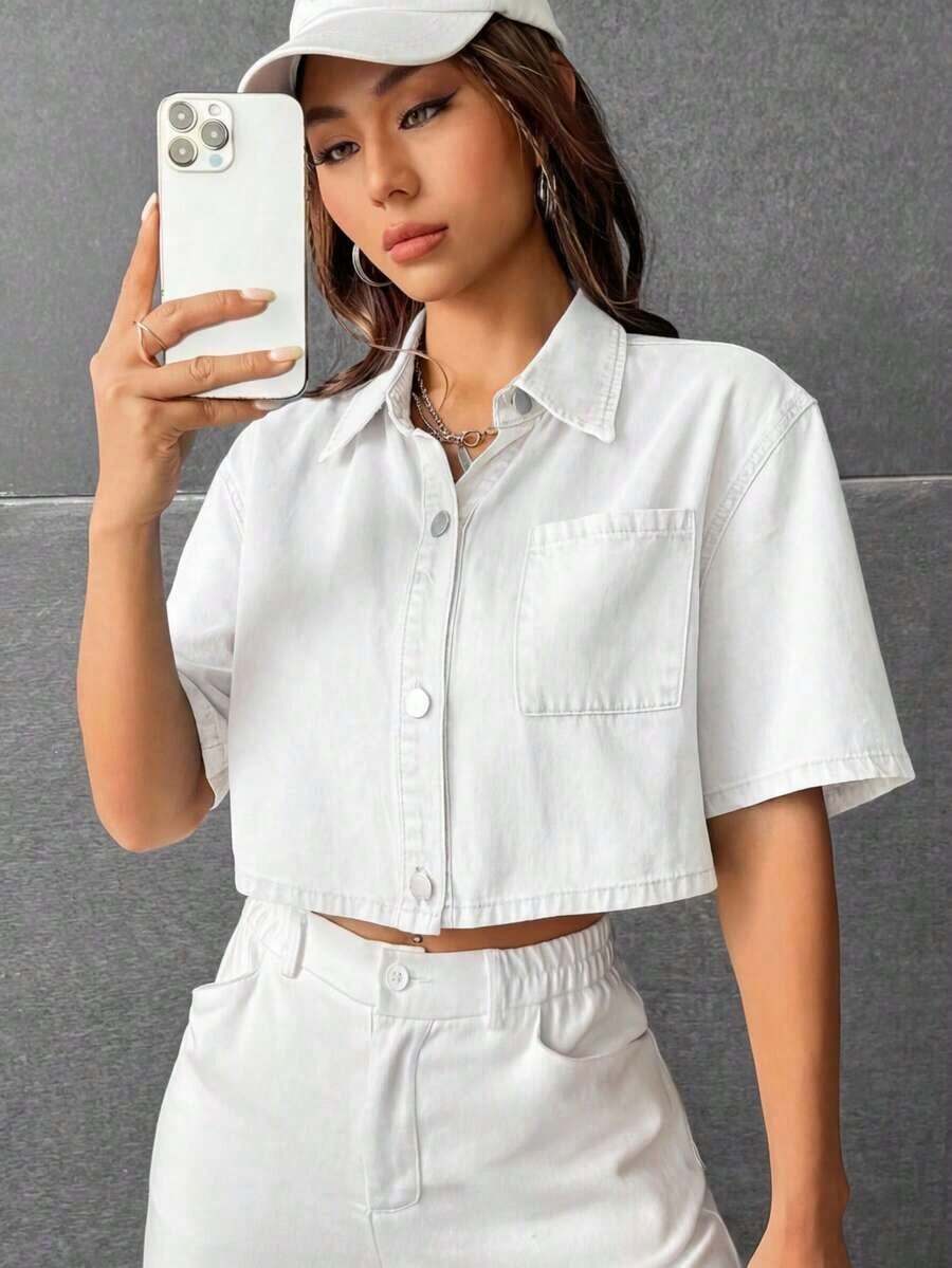 Camisa mezclilla con parche con bolsillo de hombros caídos - Blanco - Ver 1