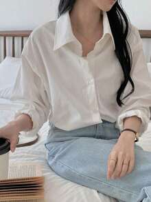 Camisa casual/escolar holgada a rayas para mujer, top de manga larga de estilo preppy para mujer, ropa de otoño - Blanco 3 - Ver 9