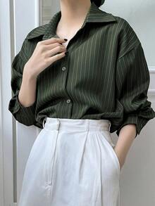 Camisa casual/escolar holgada a rayas para mujer, top de manga larga de estilo preppy para mujer, ropa de otoño - Verde militar - Ver 6