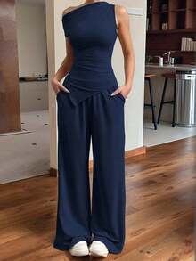 Set de 2 piezas de top sin mangas ajustado de unicolor con hombro asimétrico y pantalones largos, verano marrón - Azul marino - Ver 8