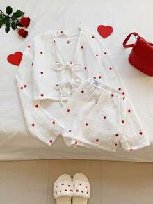 Conjunto de top de manga larga y pantalones cortos con estampado de corazones rojos y blancos, conjunto de Navidad para mujer - Blanco - Ver 6