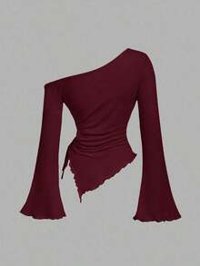 MOD Camiseta de moda de manga larga con hombro oblicuo, bajo asimétrico y lazo lateral de unicolor para mujer - Burdeos - Ver 6