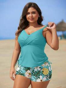 Swim Lushoire Set de 2 piezas de tankini con estampado floral para mujeres de talla grande - Azul menta 2 - Ver 1