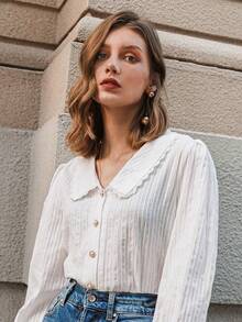 Simplee Blusa de manga abultada con cuello estilo universitario de unicolor, atuendos para maestras, regreso a la escuela en primavera blanco - Blanco - Ver 2