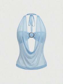 Top sin tirantes estilo retro Y2K para mujer, primavera/verano, con escote profundo y espalda descubierta, estilo callejero (incluye forro de tubo). - Celeste - Ver 5