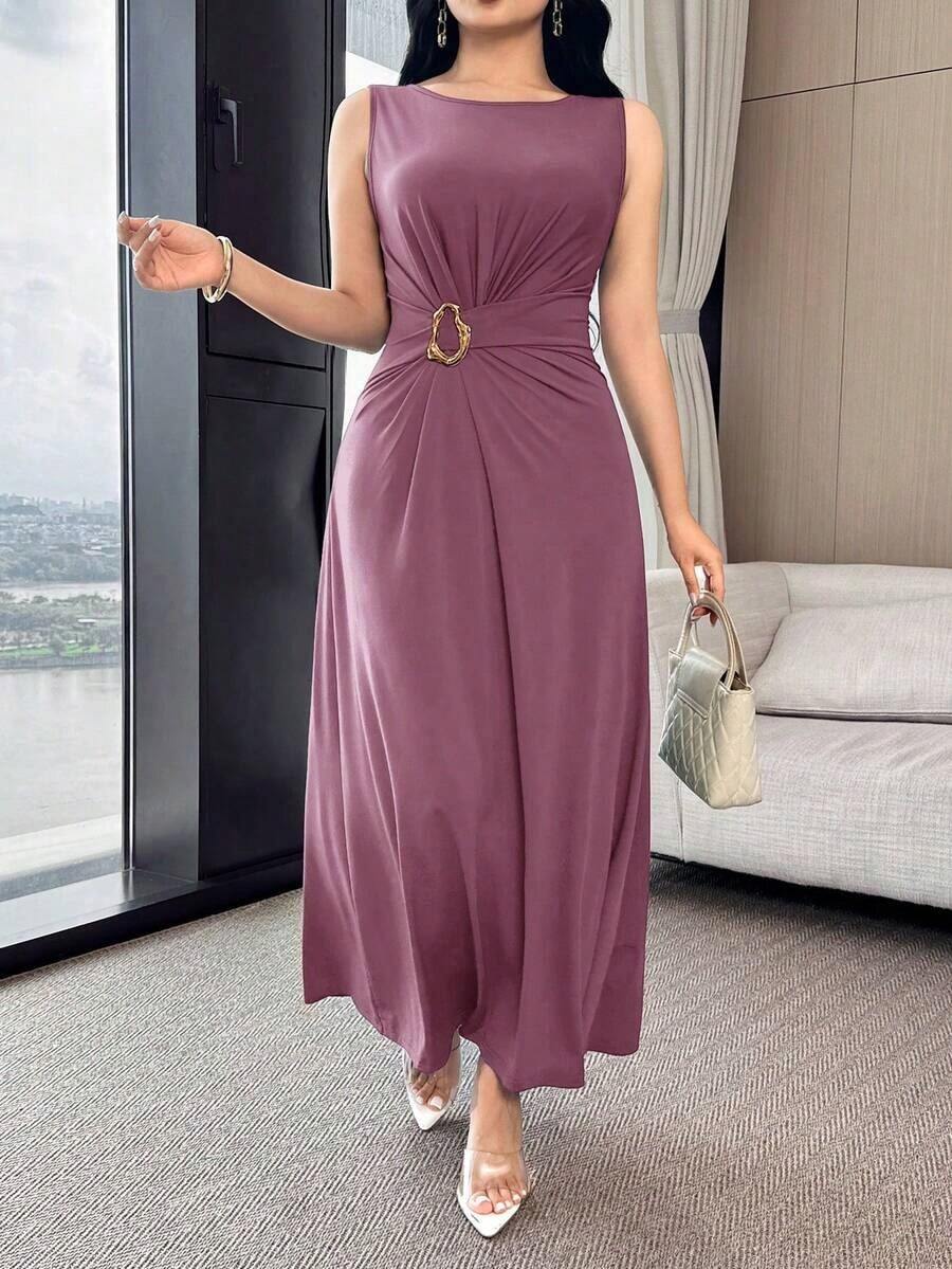 YHHFeyla Vestido elegante y versátil para fiesta/trabajo con cintura fruncida, decoración de botón metálico y cintura ceñidaYHH - Rosa - Ver 1