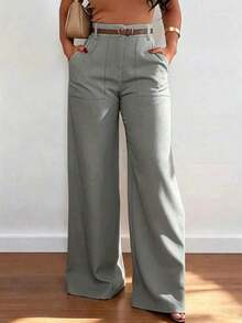 casuales de pierna recta y cintura alta de moda para mujer, color blanco, para primavera - Gris - Ver 2
