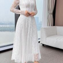 Women's Elegant Contrast Lace Pleated Waist Long Sleeve Dress - Azul - Ver 8