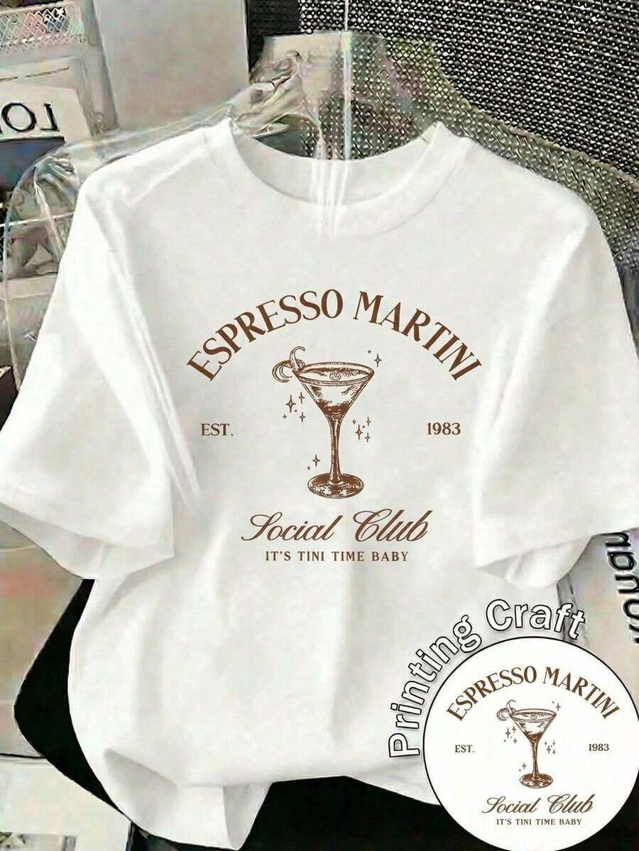 100% cotton Camiseta Casual de Manga Corta con Cuello Redondo para Mujer, Estilo Espresso Martini Social Club - Blanco - Ver 1