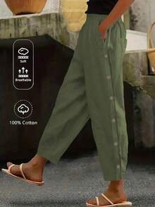 Pantalones casuales de mujer con decoración de botones y bolsillos en diagonal - Verde militar - Ver 12