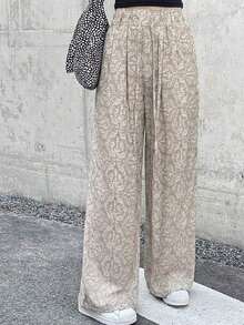 Women's Casual Solid Color Long Pants With Drawstring Waist - Khaki - View 3
