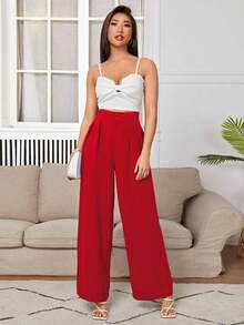 PETITE Pantalones De Vestir De Pierna Ancha Con Pliegues En La Cintura Alta - Rojo - Ver 5