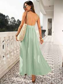 Vestido de playa para mujer con cuello en V, espalda descubierta, cintura ceñida y bajo suelto - Verde - Ver 2