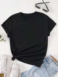 Camiseta de mujer con estampado de letras, holgada y casual, con diseño estampado, sencilla y elegante. - Negro - Ver 2