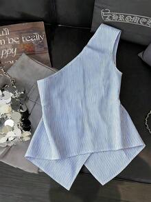 Blusa de mujer con hombro asimétrico, cintura ceñida, hebilla metálica y decoración de estrella de mar - Azul - Ver 2