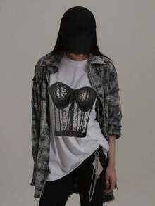 Camiseta blanca de manga corta de corte holgado con cuello redondo y estampado de encaje, para verano - Negro - Ver 3