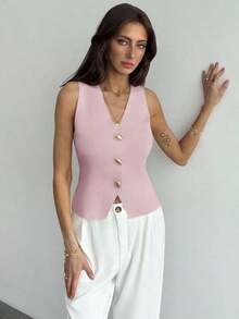 Blusa sin mangas de punto de un solo pecho con tirantes anchos, casual de verano, para otoño/invierno, verano, vacaciones, simple para ir al trabajo, con hebilla metálica única para oficina - Rosa - Ver 7