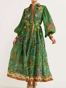Vestido largo primavera 2026, estampado con cordón abierto y falda amplia - Verde - Ver 1